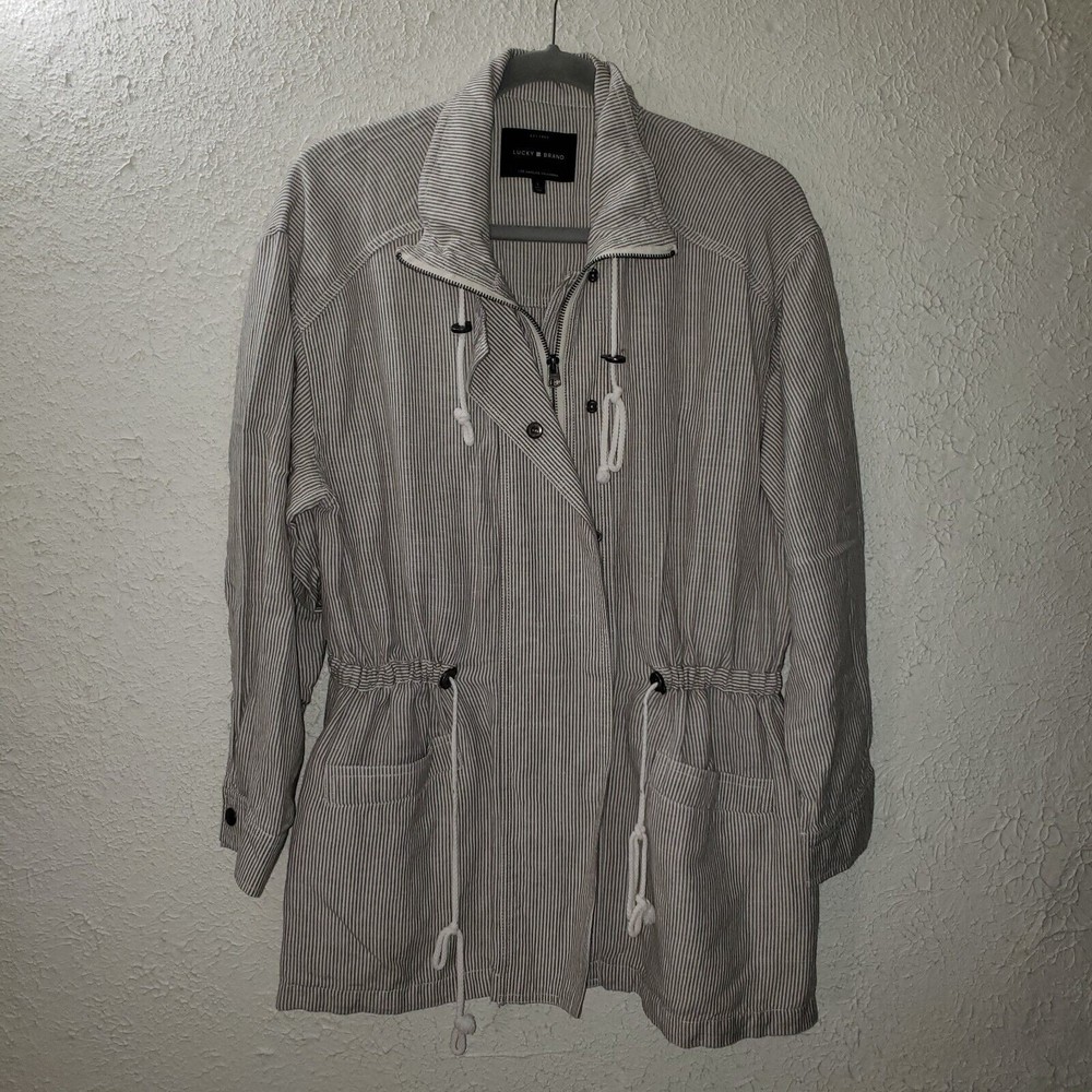 Lucky Brand Sz L Women's Linen Blend Striped Jacket Full Zip Waist Drawstring - Picture 1 of 12